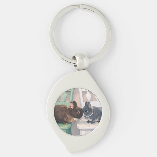 Kawaii Anime Two Bunnies Silver Metal Keychain (Front)