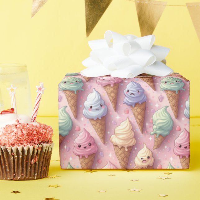 Kawaii Art Ice Cream Cones Wrapping Paper (Birthday Party)