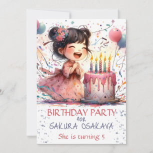 Kawaii Asian girl 5th Birthday cake candells name Invitation