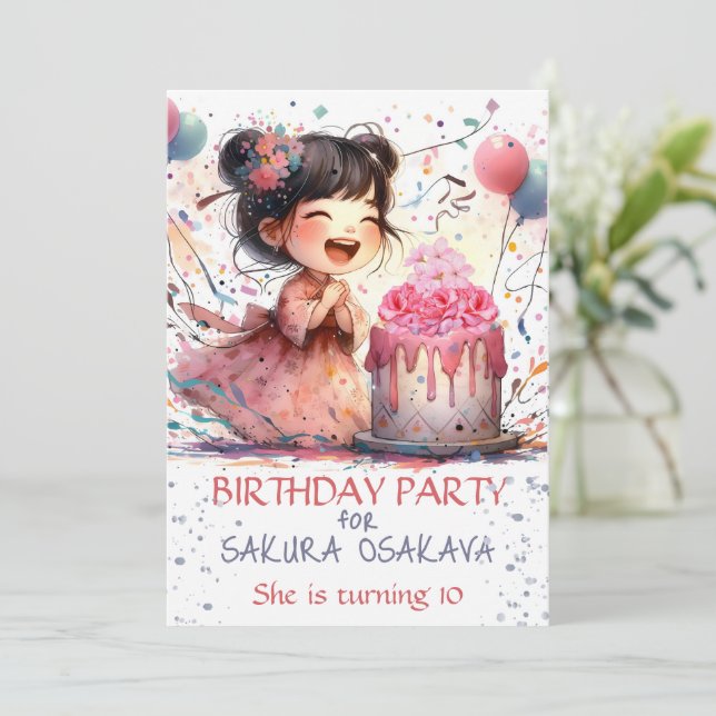 Kawaii Asian girl Birthday Floral cake personalize Invitation (Standing Front)