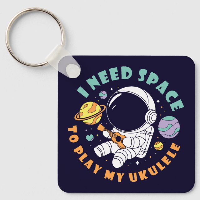 Kawaii Astronaut playing Ukulele in Space Keychain (Front)