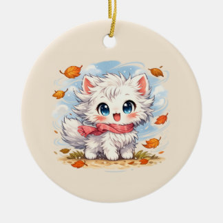 Kawaii Autumn Breeze Kitty – Cute Cozy Fall Cat Ceramic Ornament