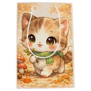 Kawaii Autumn Forest Kitty Cozy Fall Woodland Cat Medium Gift Bag