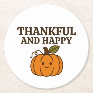Kawaii Autumn Pumpkin Thankful Happy Thanksgiving Round Paper Coaster