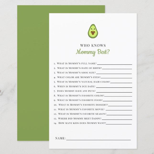 Kawaii Avocado Baby Shower Game Who Knows Mommy  (Front/Back)