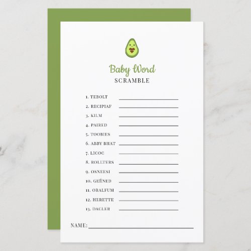 Kawaii Avocado Baby Shower Game Word Scramble 