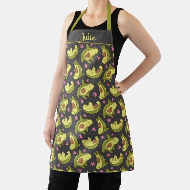 Kawaii Avocado Dark Gray Design Pink Stars Cute Apron (Insitu)