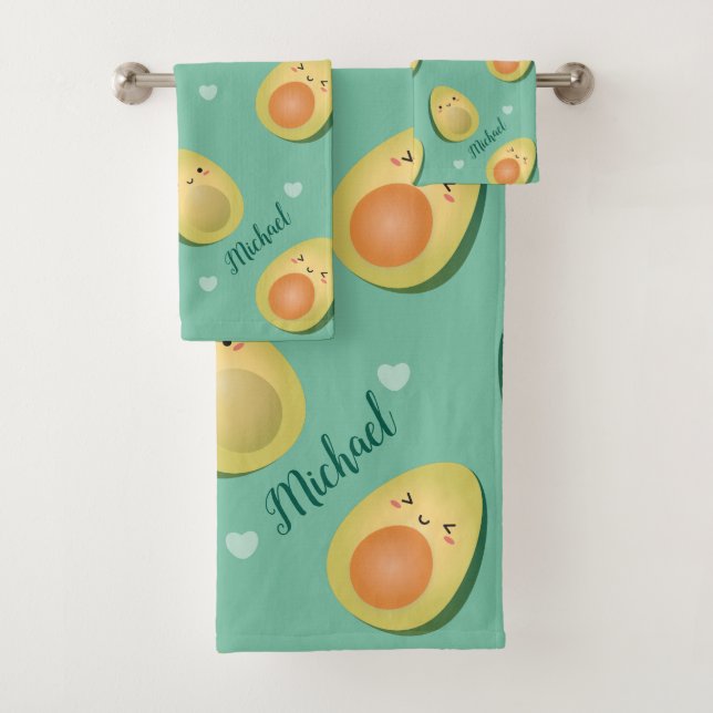 Kawaii Avocados Let's Avocuddle Pattern Bath Towel Set (Insitu)