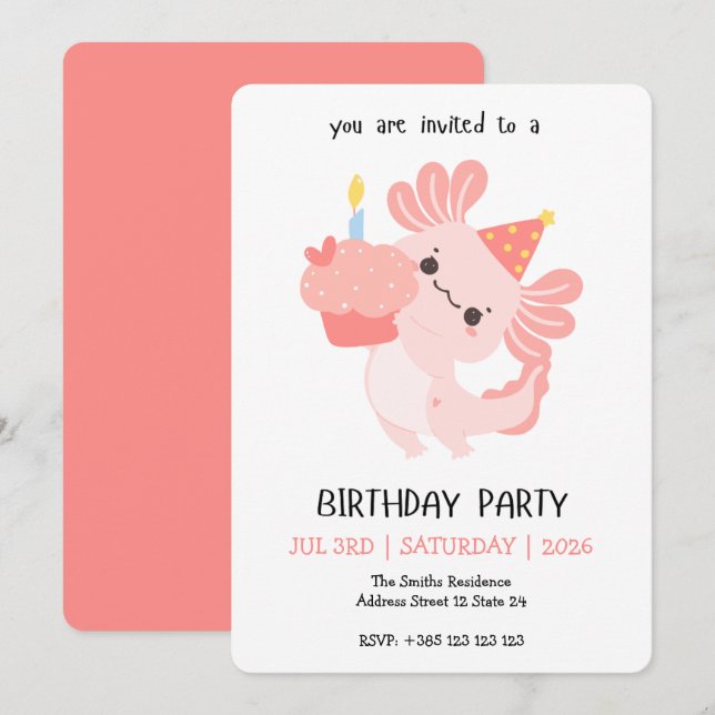 Kawaii Axolotl Birthday Party Invitation (Front/Back)
