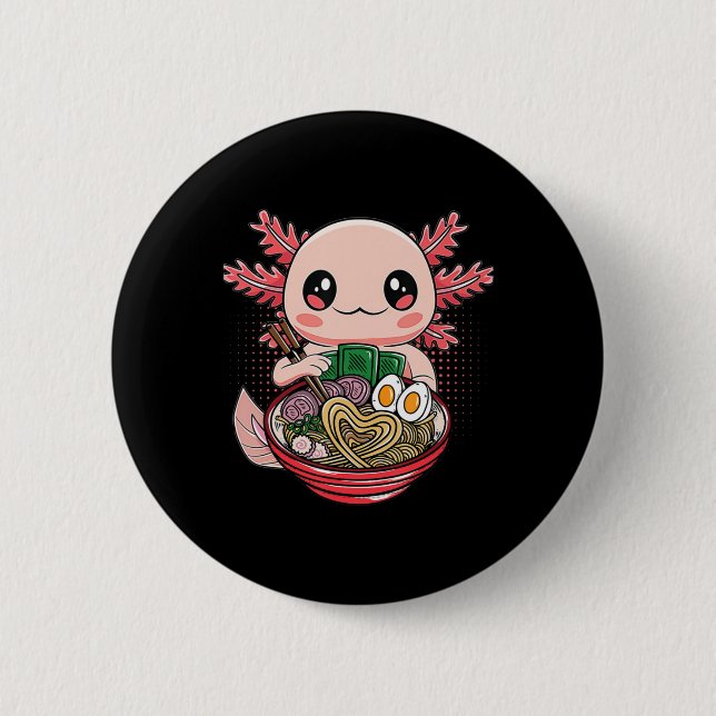 Kawaii Axolotl Eating Ramen Noodles Anime Gift Gir Button (Front)