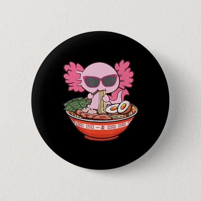 Kawaii Axolotl Eating Ramen Noodles Anime Girls Te Button (Front)