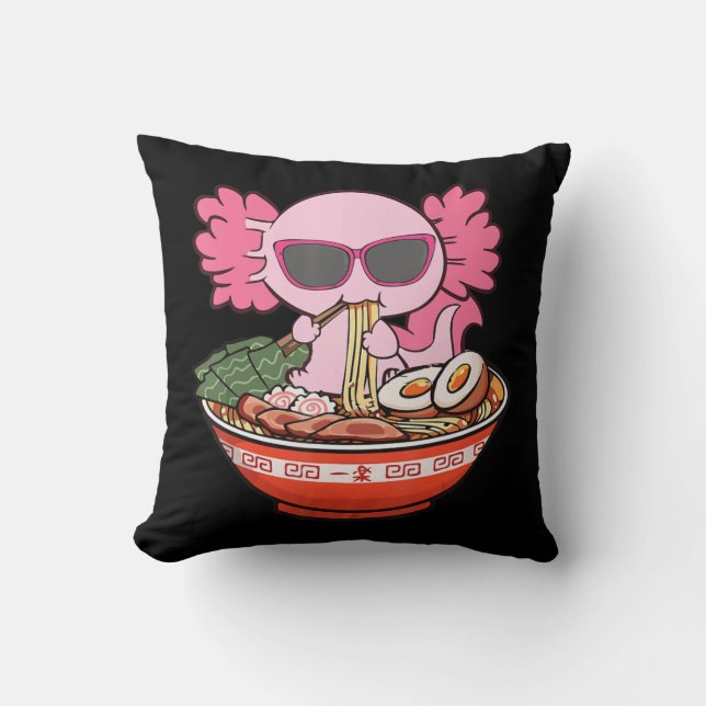 Kawaii Axolotl Eating Ramen Noodles Anime Girls Te Throw Pillow (Front)