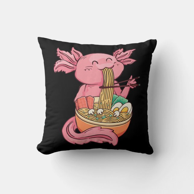 Kawaii Axolotl Eating Ramen Noodles Anime Kids Gir Throw Pillow (Front)