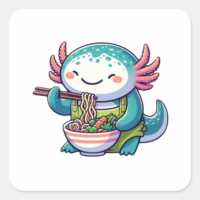Kawaii Axolotl Eating Ramen Square Sticker (Front)
