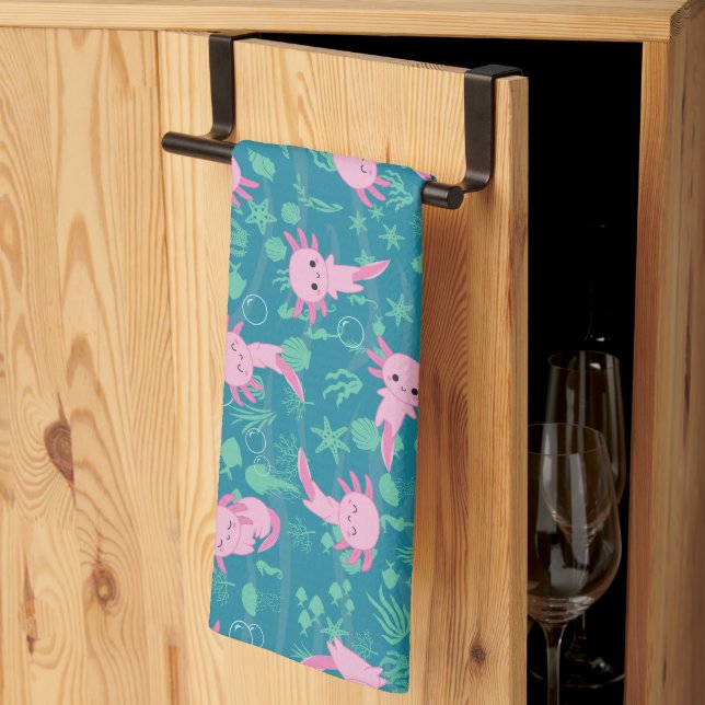 Kawaii Axolotl in Ocean Kitchen Towels (Thirds Fold)