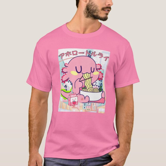 Kawaii Axolotl Life Ramen Strawberry Milk Shake Ja T-Shirt (Front)
