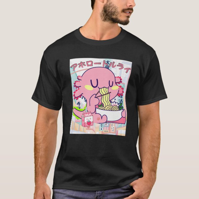 Kawaii Axolotl Life Ramen Strawberry Milk Shake Ja T-Shirt (Front)