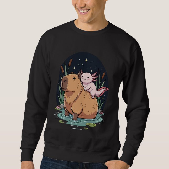 Kawaii Axolotl Riding Capybara Starry Nights Outdo Sweatshirt (Front)