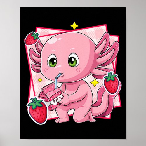 Kawaii Axolotl Strawberry Milk Japanese Anime Gift Poster