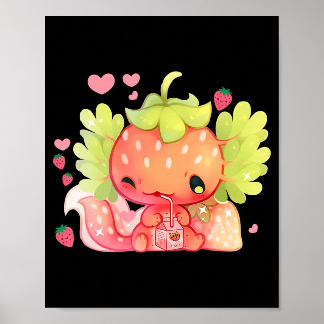 Kawaii Axolotl Strawberry Milk Shake Japanese Anim Poster (Front)