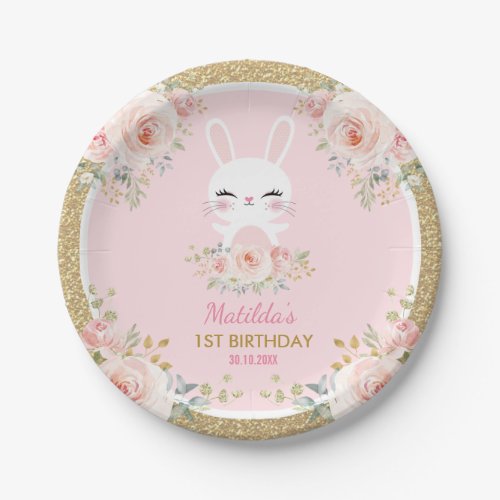 Kawaii Baby Bunny  Pink Floral Rabbit Birthday Paper Plates