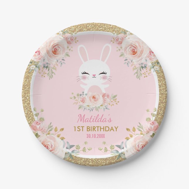 Kawaii Baby Bunny / Pink Floral Rabbit Birthday Paper Plates (Front)