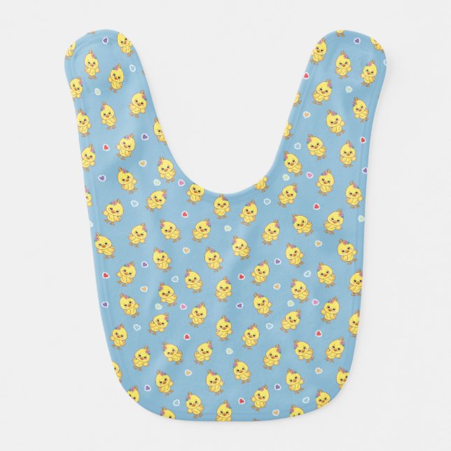 Kawaii Baby Chicks Pattern Blue Baby Bib (Front)