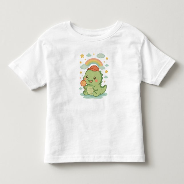 Kawaii Baby Dino with Candy Popsicle 🍭🦖☁️☀️ Toddler T-shirt (Front)