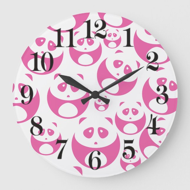 Kawaii Baby Pink and White Panda Pattern Large Clock (Front)