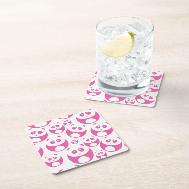 Kawaii Baby Pink and White Panda Pattern Square Paper Coaster (Insitu)