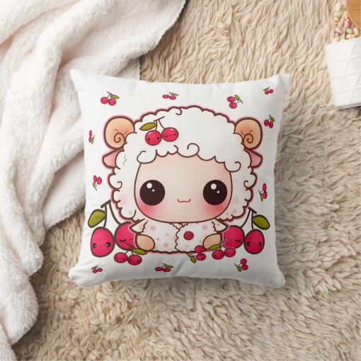 Kawaii baby sheep and cute cherries throw pillow Zazzle
