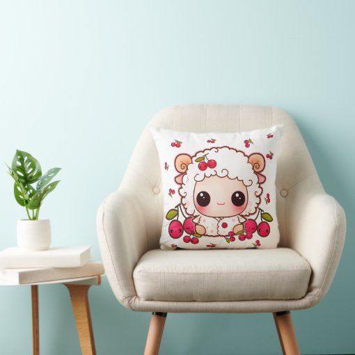 Kawaii baby sheep and cute cherries throw pillow Zazzle