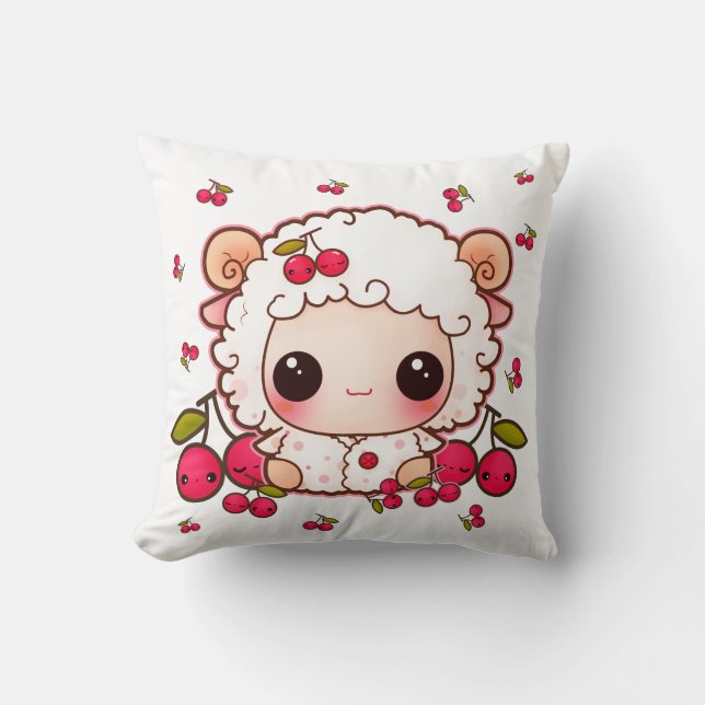 Kawaii baby sheep and cute cherries throw pillow (Front)