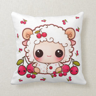 Kawaii baby sheep and cute cherries throw pillow
