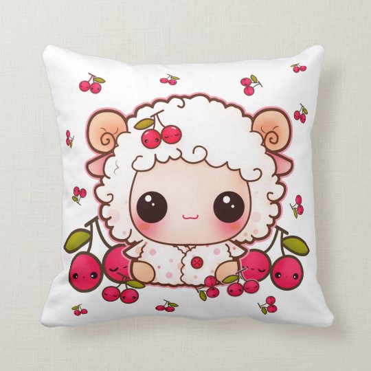 Kawaii baby sheep and cute cherries throw pillow