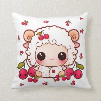 Kawaii Baby Sheep And Cute Cherries Throw Pillow by Chibibunny at Zazzle