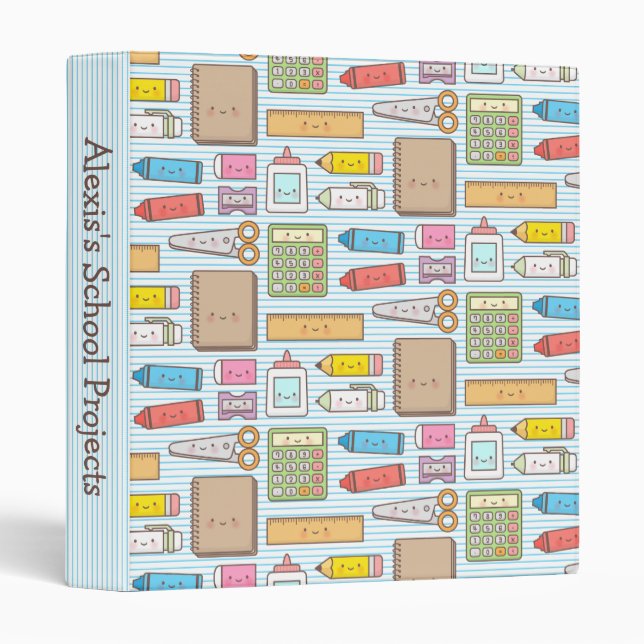 Kawaii Back to School Supplies Pattern For Girls 3 Ring Binder (Front/Spine)