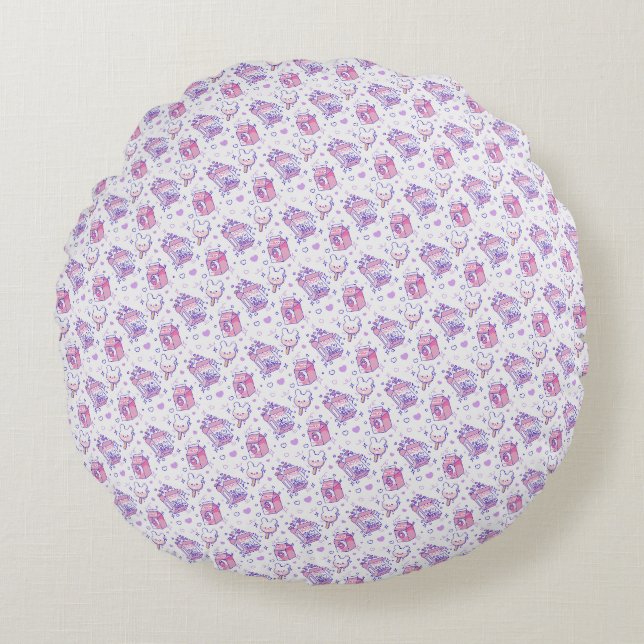 Kawaii Bakery & Milk Pattern Round Pillow (Front)