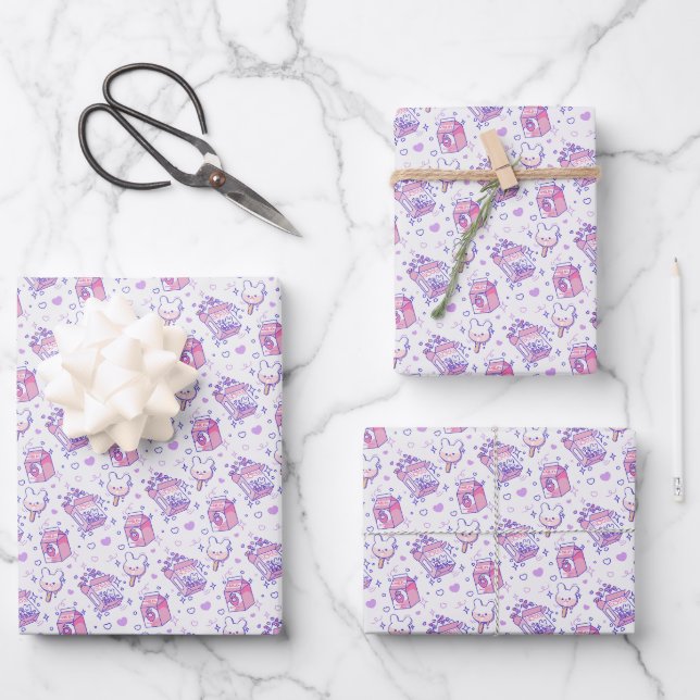 Kawaii Bakery & Milk Pattern Wrapping Paper Sheets (Front)