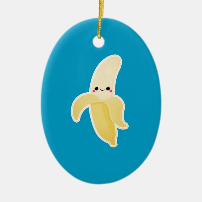Kawaii Banana on Blue Ceramic Ornament (Front)