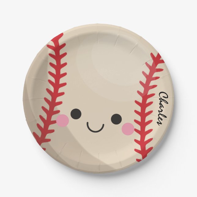 Kawaii Baseball Softball Kids Personalized Sport Paper Plates (Front)