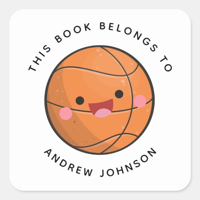 Kawaii Basketball Ball Cute Kids Name Bookplate (Front)