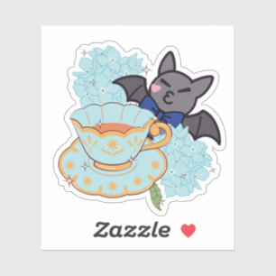 Kawaii Bat and Hydrangea Tea Time Sticker