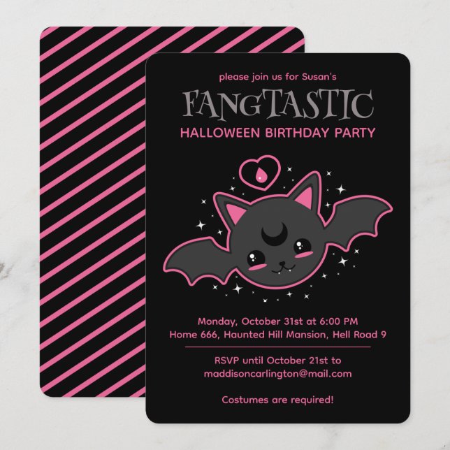 Kawaii Bat Halloween Birthday Party  Invitation (Front/Back)