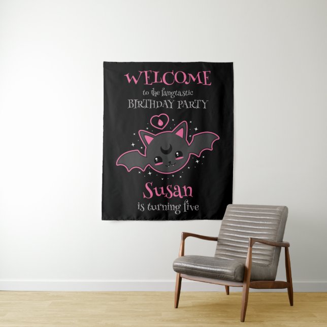 Kawaii Bat Halloween Birthday Party Tapestry (In Situ)