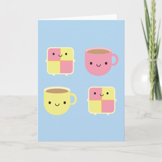Kawaii Battenberg Cake & Cup of Tea Card (Front)