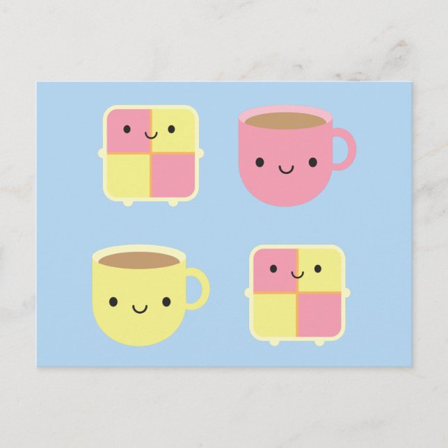 Kawaii Battenberg Cake & Cup of Tea Postcard (Front)
