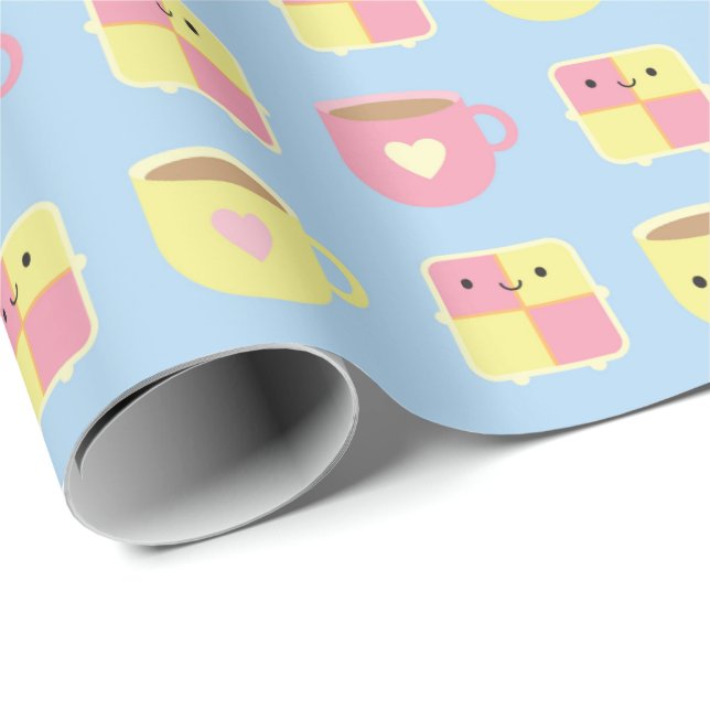 Kawaii Battenberg Cake & Cup of Tea Wrapping Paper (Roll Corner)