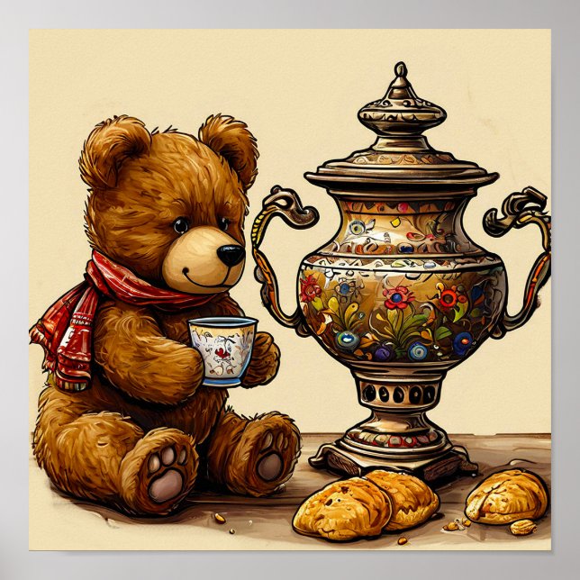 Kawaii Bear Drinking Tea Whimsical Home Decor (Front)