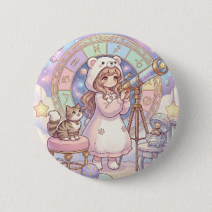 Kawaii Bear Girl Astrology Telescope Pastel Aesthe Button